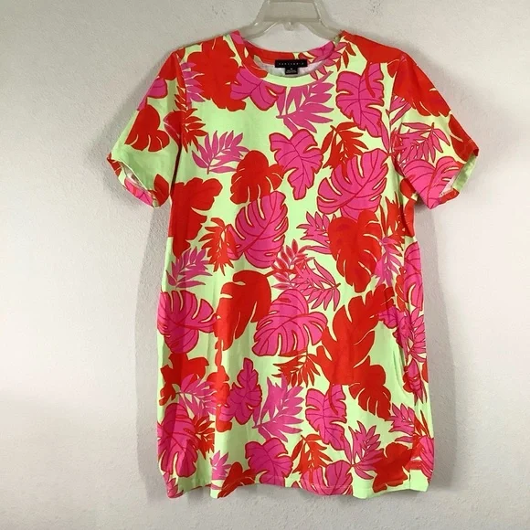 SANCTUARY Tropical Palm Print T-Shirt Dress 1X Pink Chartreuse Resort Vacation - Picture 2 of 9